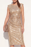 Sparkly Round Neck Golden Bodycon Sequins Midi Work Dress with Slit