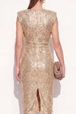 Sparkly Round Neck Golden Bodycon Sequins Midi Work Dress with Slit