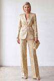 2 Piece Golden Jacquard V-Neck Women Suits with Belt