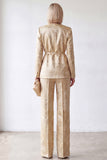 2 Piece Golden Jacquard V-Neck Women Suits with Belt