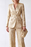 2 Piece Golden Jacquard V-Neck Women Suits with Belt