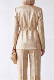 2 Piece Golden Jacquard V-Neck Women Suits with Belt