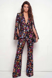 Sparkly Peak Lapel One Button Black Floral Sequin Women Suits