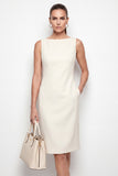 Ivory Bodycon Bateau Neck Midi Work Dress with Slit