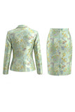 Yellow Flower Single Breasted Jacquard 2 Piece Peak Lapel Work Dress
