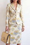 Yellow Flower Single Breasted Jacquard 2 Piece Peak Lapel Work Dress