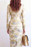 Yellow Flower Single Breasted Jacquard 2 Piece Peak Lapel Work Dress