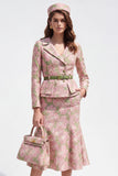 Pink Floral Notched Lapel 2 Piece Green Single Breasted Jacquard Midi Work Dress