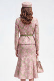 Pink Floral Notched Lapel 2 Piece Green Single Breasted Jacquard Midi Work Dress