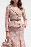 Pink Floral Notched Lapel 2 Piece Green Single Breasted Jacquard Midi Work Dress