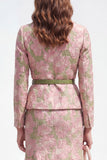 Pink Floral Notched Lapel 2 Piece Green Single Breasted Jacquard Midi Work Dress
