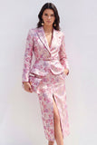 Pink Fuchsia 2 Piece Floral Satin Peak Lapel Midi Dress with Slit