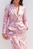 Pink Fuchsia 2 Piece Floral Satin Peak Lapel Midi Dress with Slit