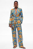 Blue Floral Notched Lapel 2 Piece One Button Women Suits