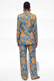 Blue Floral Notched Lapel 2 Piece One Button Women Suits