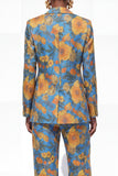 Blue Floral Notched Lapel 2 Piece One Button Women Suits