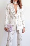 White 2 Piece Floral One Button Peak Lapel Women Suits