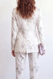 White 2 Piece Floral One Button Peak Lapel Women Suits