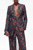 Floral Black 2 Piece One Button Jacquard Women Suits