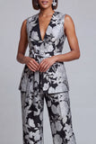 Navy Pink V-Neck Floral 2-Piece Women Suits