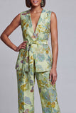Navy Pink V-Neck Floral 2-Piece Women Suits