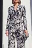 Black Silver Peaked Lapel 2-Piece Jacquard Women's Suits