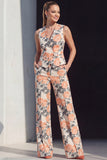 Navy V-Neck Jacquard 2-Piece Women's Suits