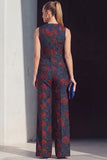 Navy V-Neck Jacquard 2-Piece Women's Suits