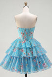 Strapless A-Line Yellow Corset Floral Tiered Homecoming Dress