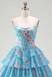 Strapless A-Line Yellow Corset Floral Tiered Homecoming Dress