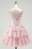 Strapless A-Line Yellow Corset Floral Tiered Homecoming Dress