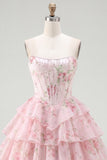 Strapless A-Line Yellow Corset Floral Tiered Homecoming Dress
