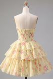 Strapless A-Line Yellow Corset Floral Tiered Homecoming Dress