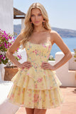 Strapless A-Line Yellow Corset Floral Tiered Homecoming Dress