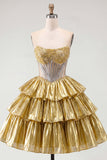 Strapless Golden A-Line Corset Tiered Homecoming Dress