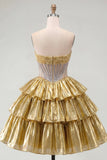 Strapless Golden A-Line Corset Tiered Homecoming Dress