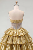 Strapless Golden A-Line Corset Tiered Homecoming Dress