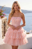 Strapless Floral Corset Tulle A-Line Blush Tiered Homecoming Dress
