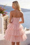 Strapless Floral Corset Tulle A-Line Blush Tiered Homecoming Dress