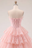 Strapless Floral Corset Tulle A-Line Blush Tiered Homecoming Dress