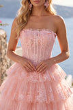 Strapless Floral Corset Tulle A-Line Blush Tiered Homecoming Dress