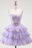 Strapless Floral Corset Tulle A-Line Blush Tiered Homecoming Dress