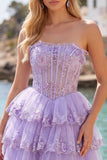 Strapless Floral Corset Tulle A-Line Blush Tiered Homecoming Dress