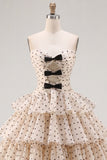 Apricot Black Dot A-Line Tiered Sweetheart Homecoming Dress with Bow