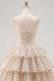 Apricot Black Dot A-Line Tiered Sweetheart Homecoming Dress with Bow