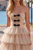 Apricot Black Dot A-Line Tiered Sweetheart Homecoming Dress with Bow