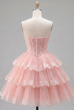 Pink A-Line Sweetheart Corset Tiered Floral Homecoming Dress