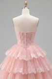 Pink A-Line Sweetheart Corset Tiered Floral Homecoming Dress