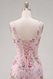 Square Neck Pink Bodycon Floral Ruffled Homecoming Dress