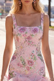 Square Neck Pink Bodycon Floral Ruffled Homecoming Dress